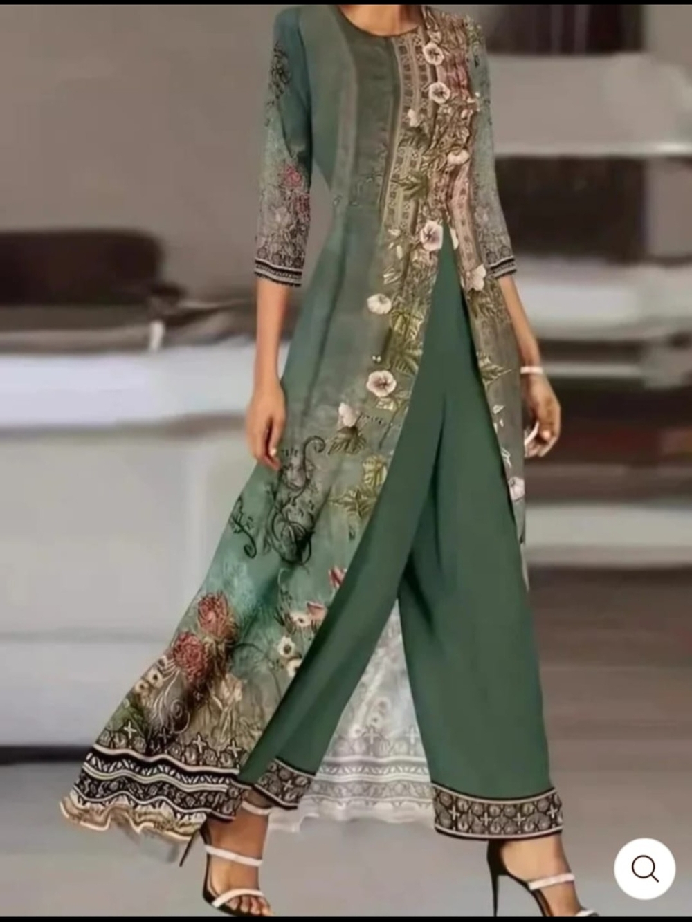 Source Unknown Floral Teal and Pink Women Kurta